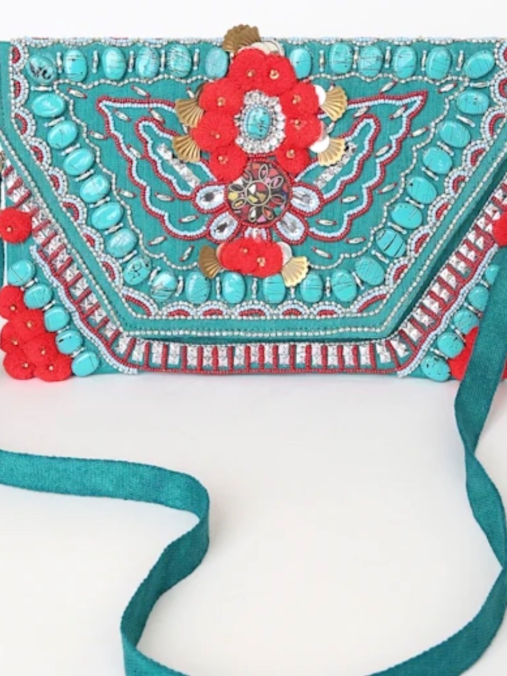 Lulus Journey Towards You Teal Blue Multi Beaded Pom Clutch - Picture 2 of 2